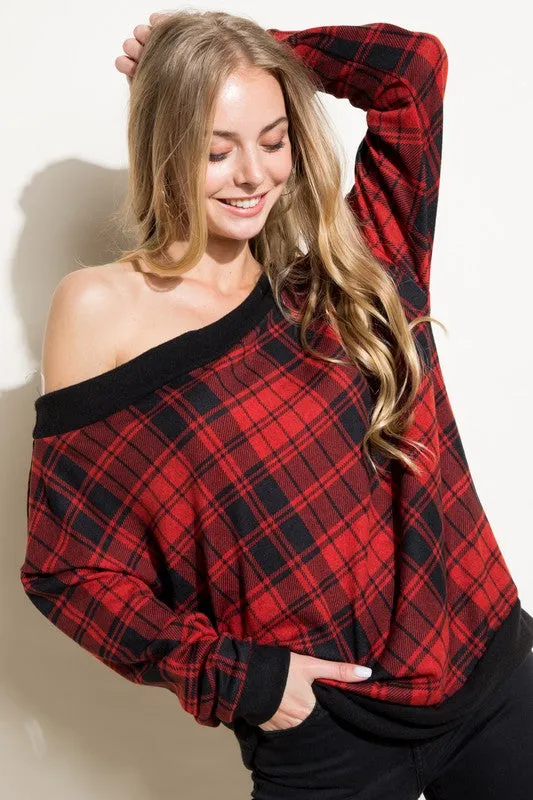 Plus Plaid Off Shoulder Top