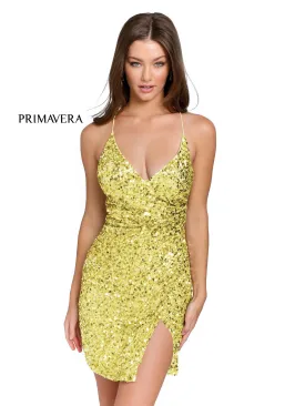 Primavera Couture 3891 size 0 Yellow Sequined Cocktail Dress Short Fitted Formal Slit Prom Dress Backless Corset