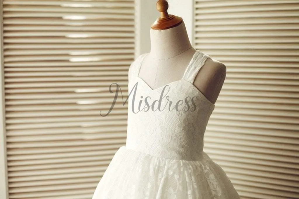 Princess Backless Ivory Lace Straps Wedding Flower Girl Dress