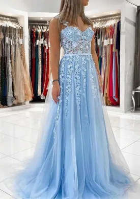 Princess Sweetheart Corset Lace Tulle Floor Length Sweep Train Prom Dress