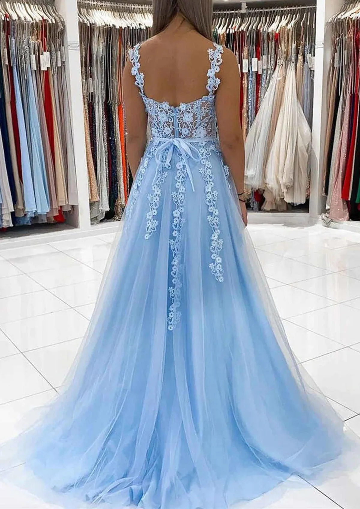 Princess Sweetheart Corset Lace Tulle Floor Length Sweep Train Prom Dress