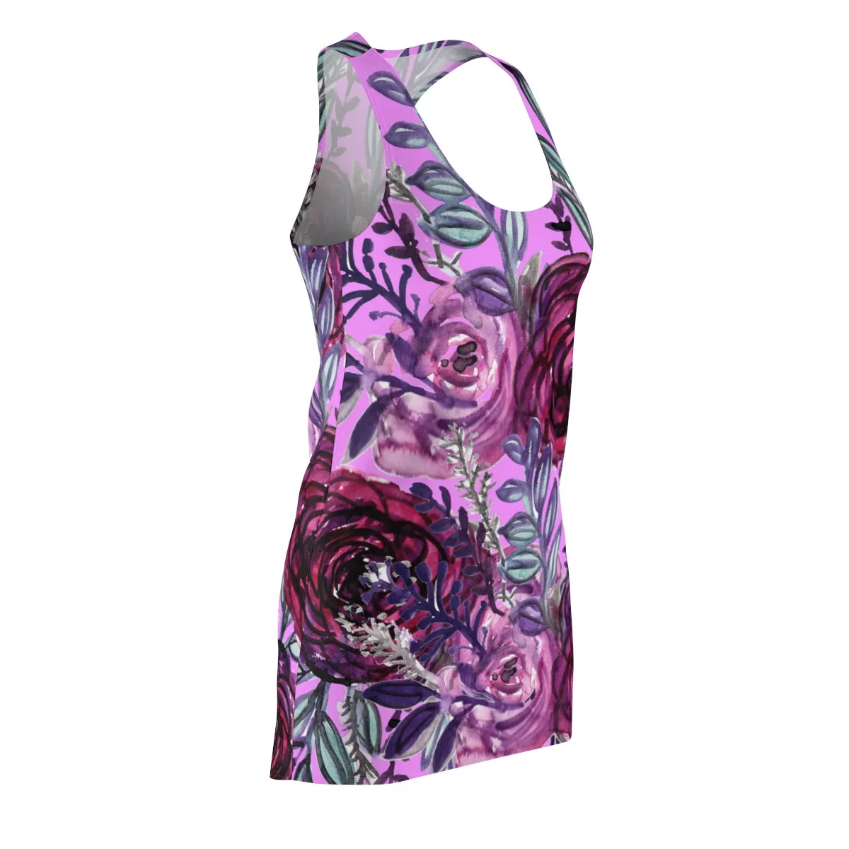 Purple Floral Rose Dress, Flower Print Long Sleeveless Designer Women's Best Racerback Dress - Made in USA