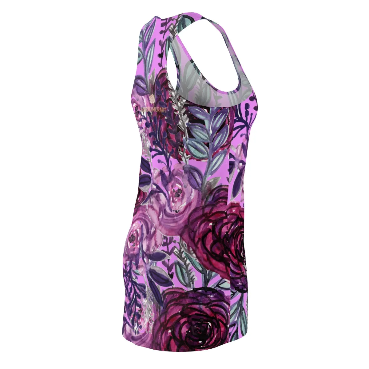 Purple Floral Rose Dress, Flower Print Long Sleeveless Designer Women's Best Racerback Dress - Made in USA