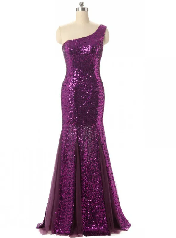 Purple Mermaid One Shoulder Sequins Bridesmaid Dress