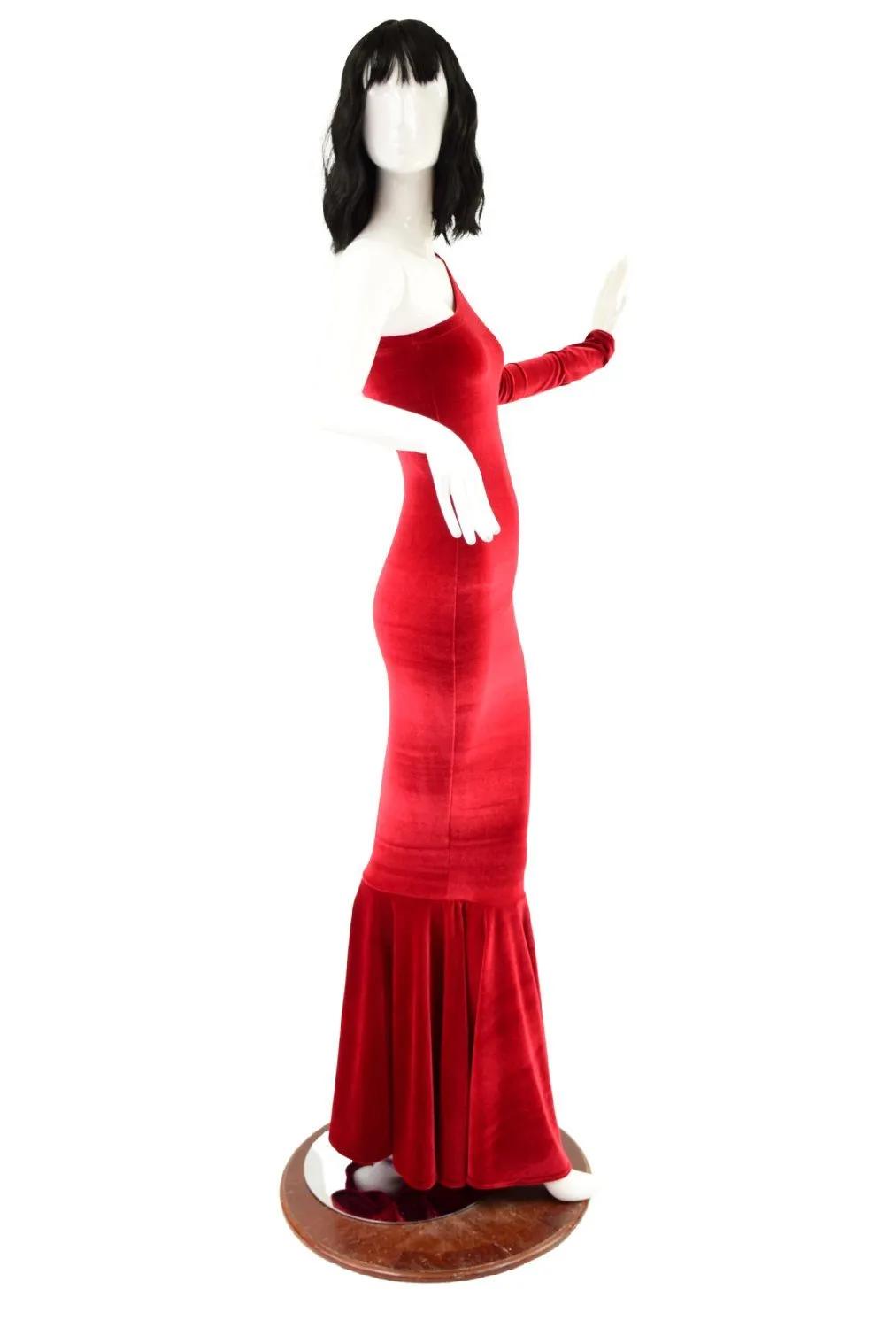 Red Velvet One Shoulder Wiggle Gown with Fishtail Hemline