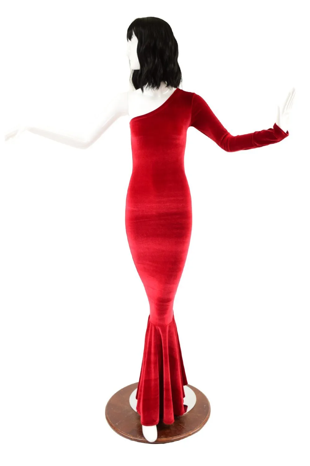 Red Velvet One Shoulder Wiggle Gown with Fishtail Hemline