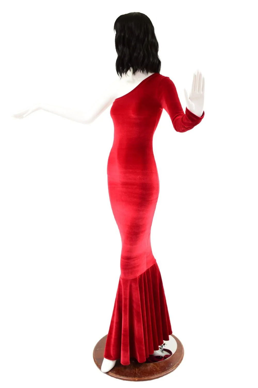 Red Velvet One Shoulder Wiggle Gown with Fishtail Hemline