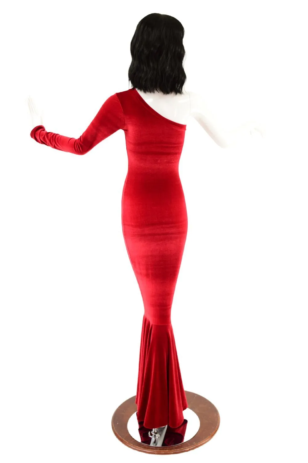 Red Velvet One Shoulder Wiggle Gown with Fishtail Hemline