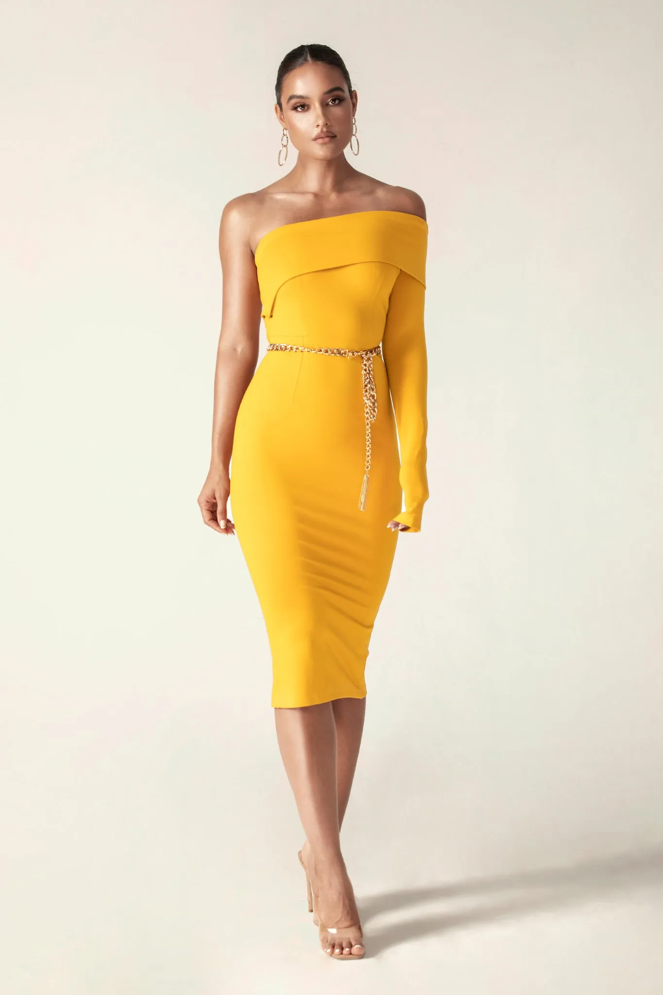 Rita One Shoulder Dress (Mustard Yellow)