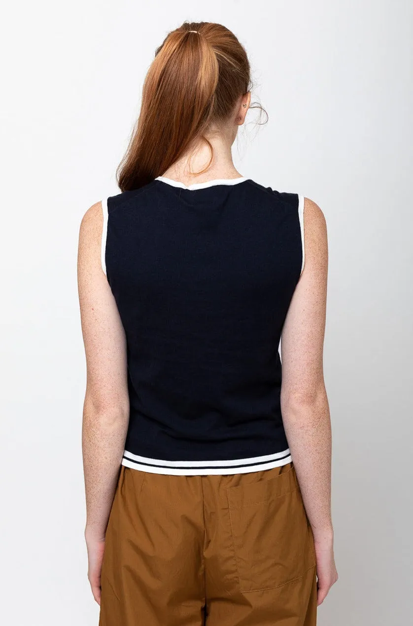 Round Neck Top - Navy with White Trim