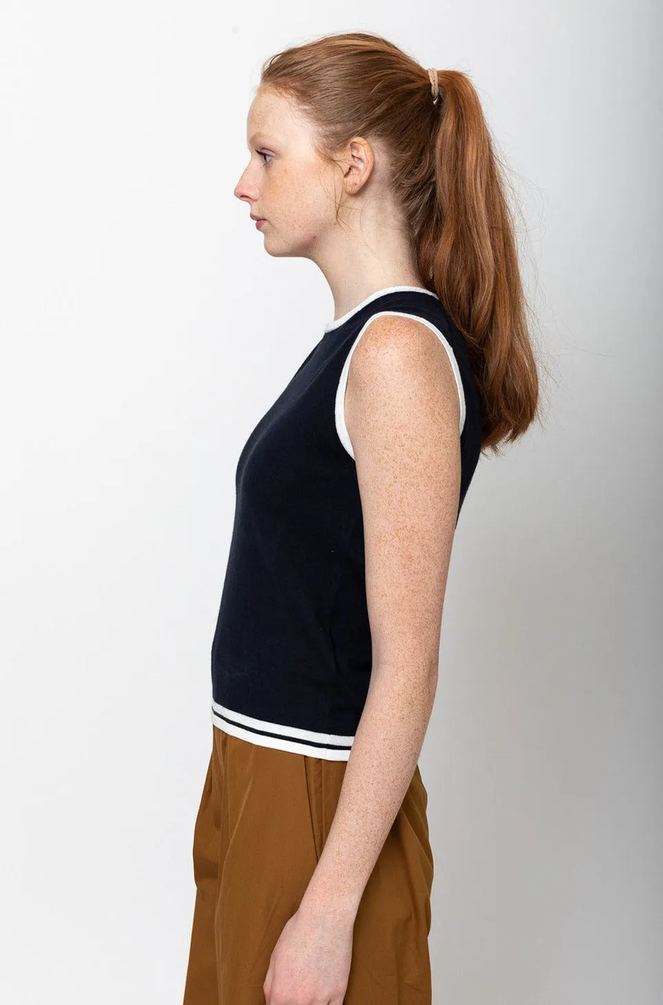 Round Neck Top - Navy with White Trim