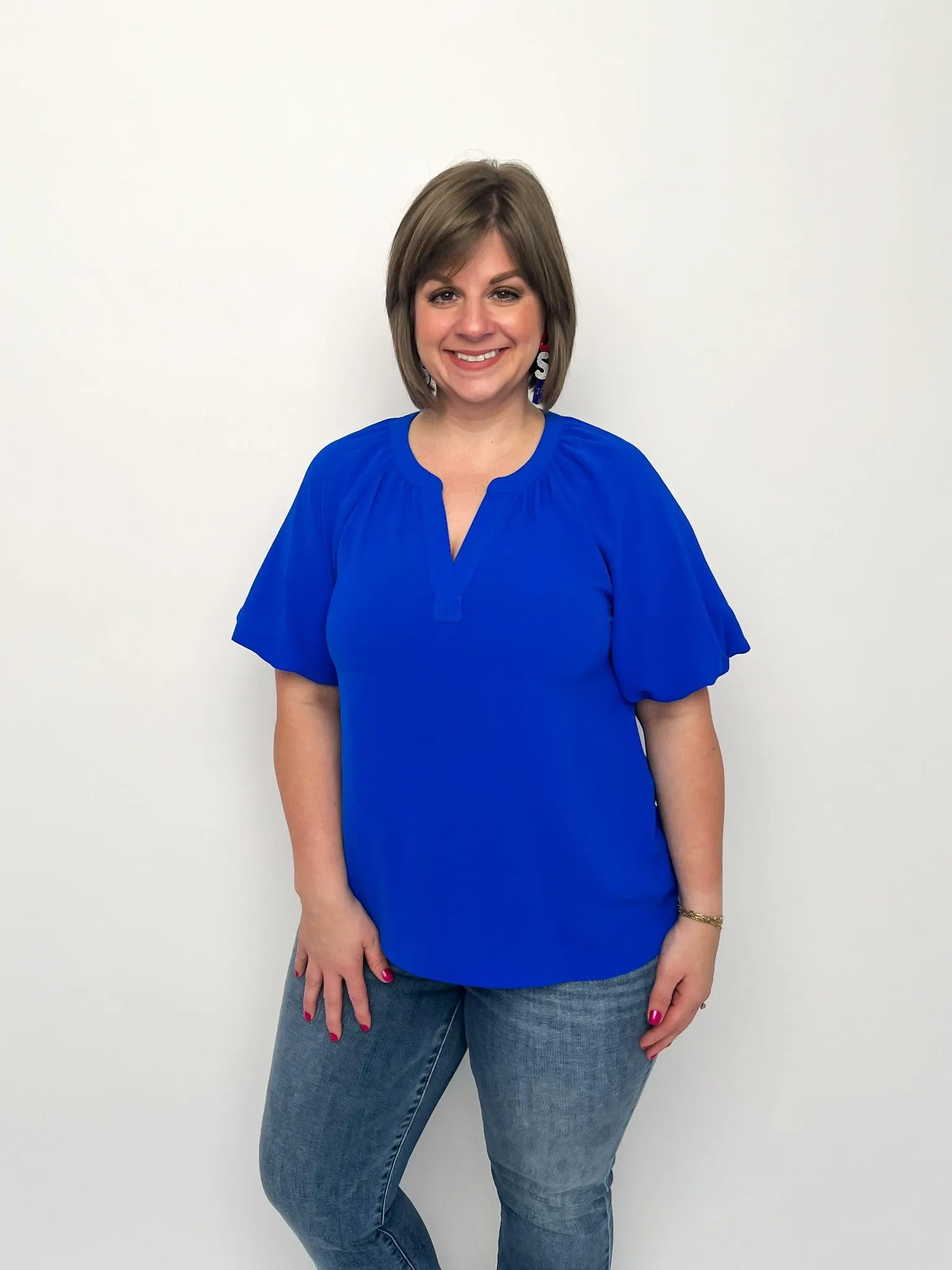 Royal Blue Short Sleeve V Neck Top