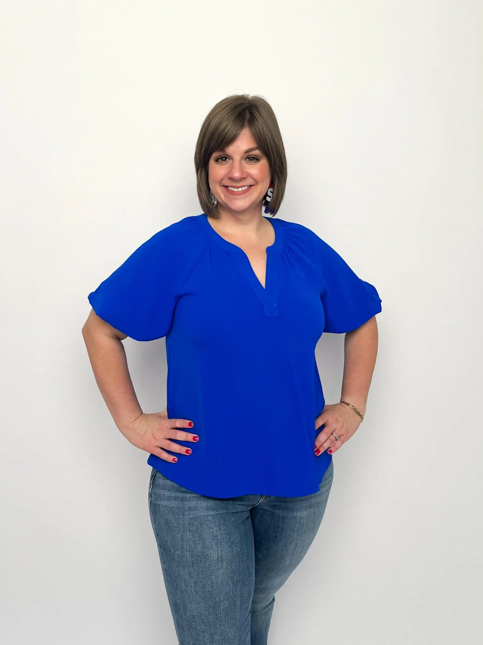 Royal Blue Short Sleeve V Neck Top