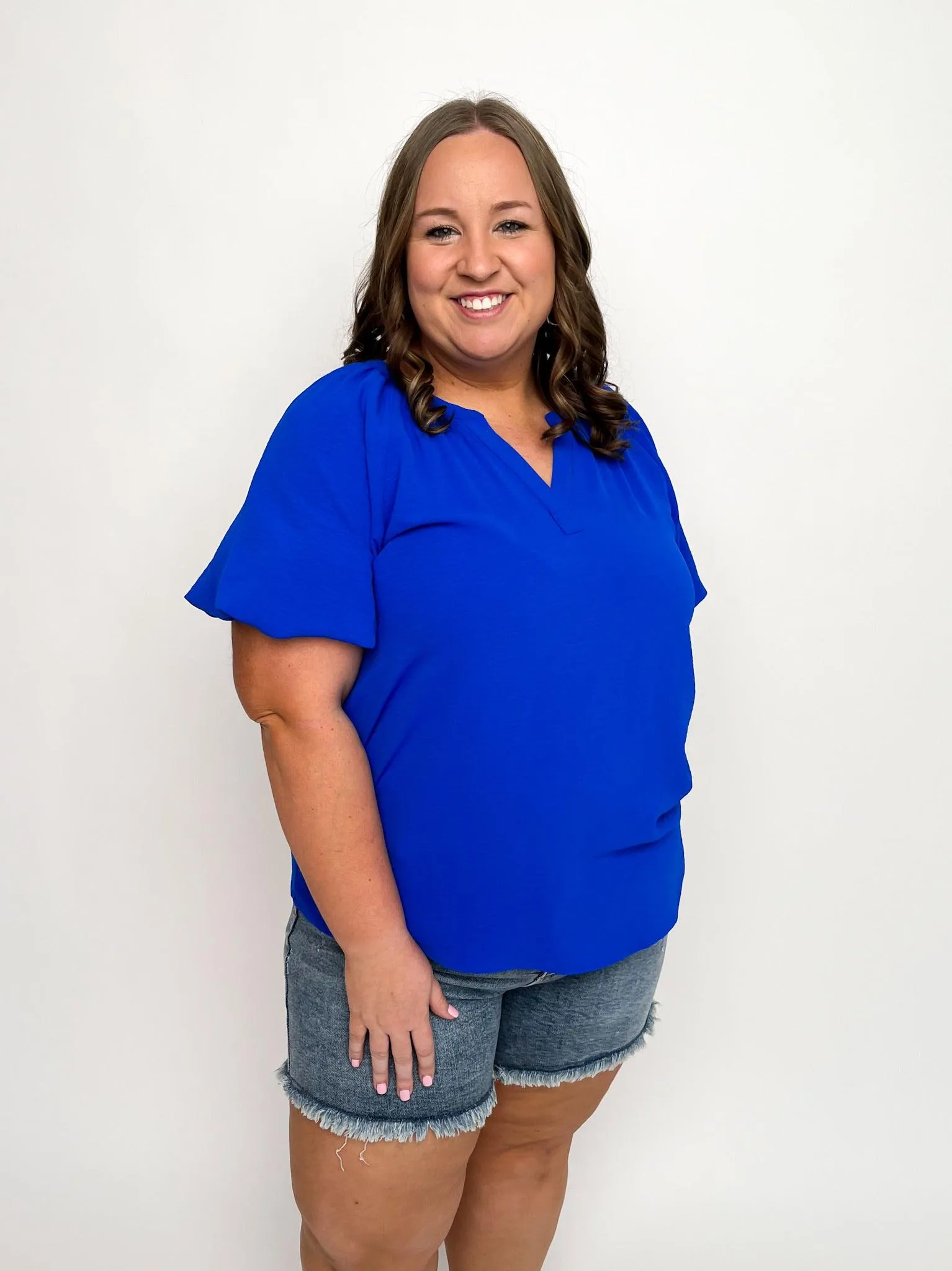 Royal Blue Short Sleeve V Neck Top