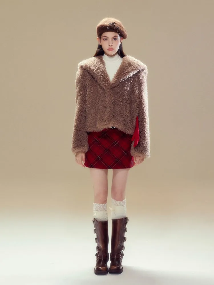 Sailor Collar Boa Coat & Plaid Tight Mini Skirt【s0000004359】