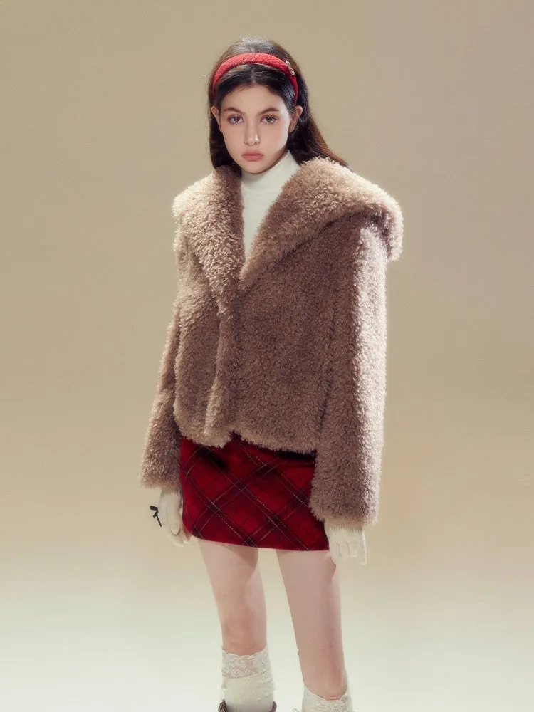 Sailor Collar Boa Coat & Plaid Tight Mini Skirt【s0000004359】