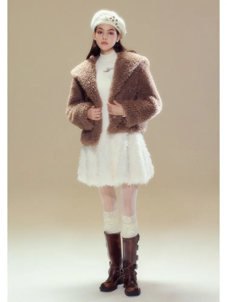 Sailor Collar Boa Coat & Plaid Tight Mini Skirt【s0000004359】