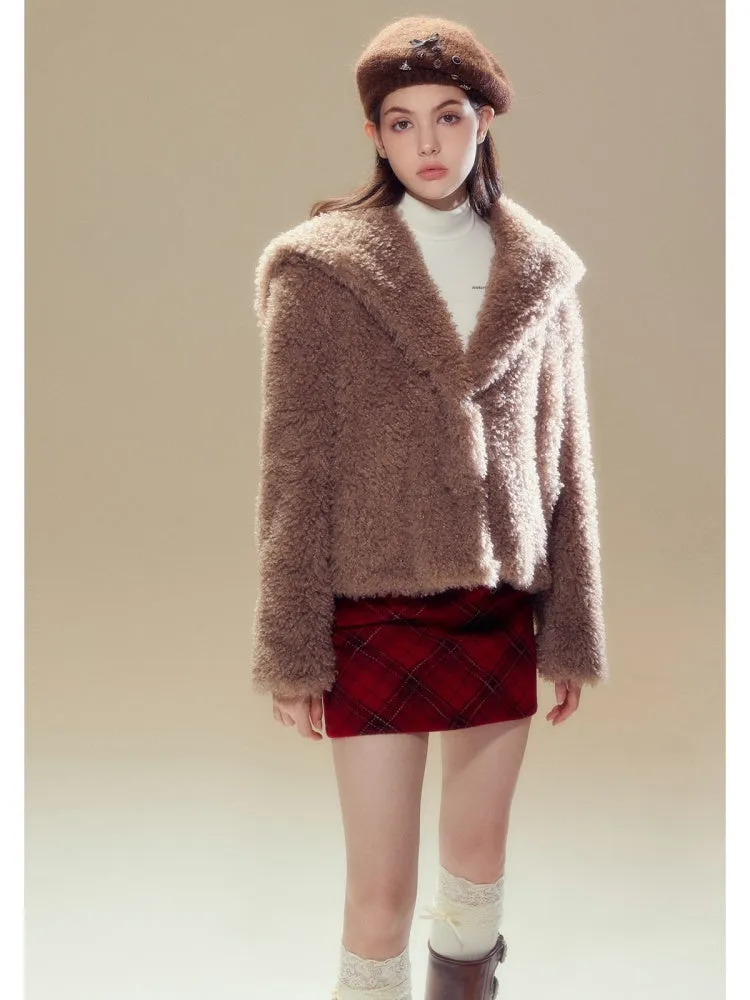 Sailor Collar Boa Coat & Plaid Tight Mini Skirt【s0000004359】