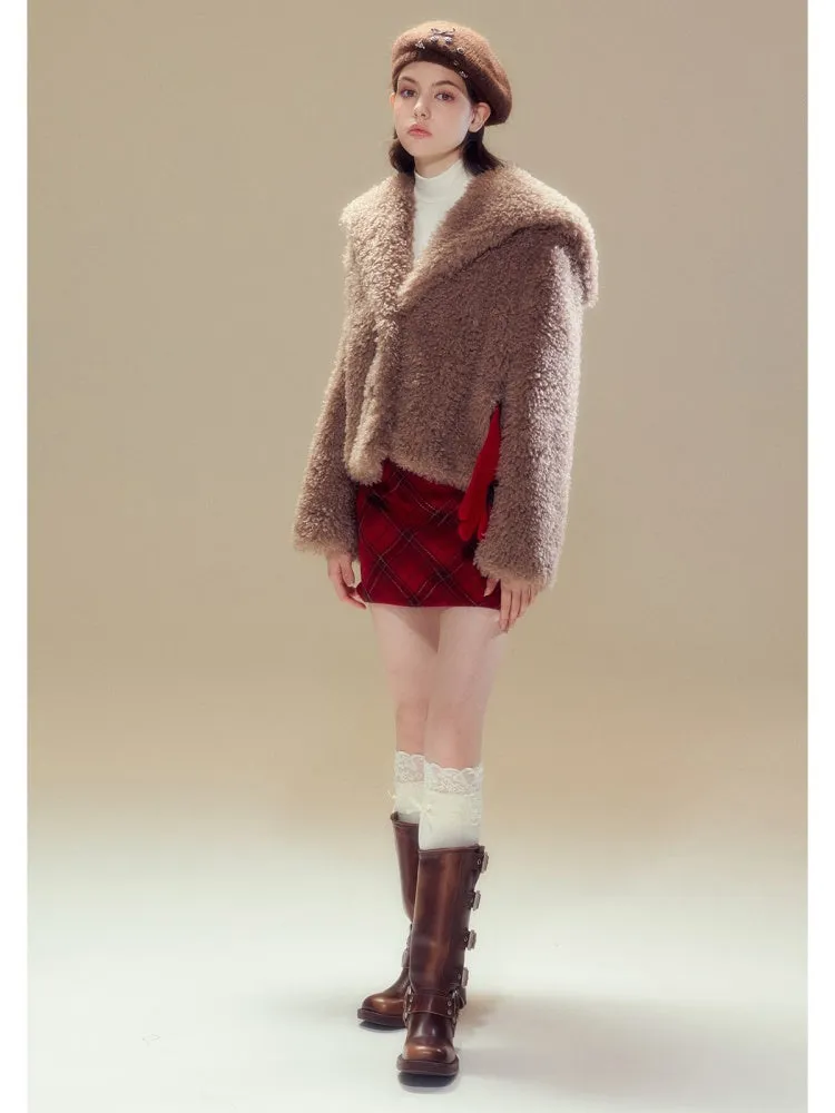 Sailor Collar Boa Coat & Plaid Tight Mini Skirt【s0000004359】