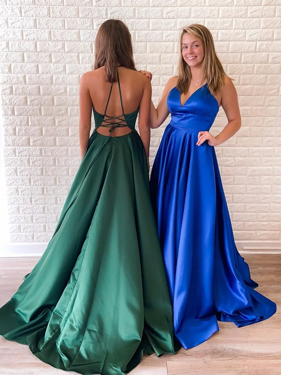 Simple A Line V Neck Backless Dark Green/Royal Blue Prom, Open Back Dark Green/Royal Blue Formal Graduation Evening