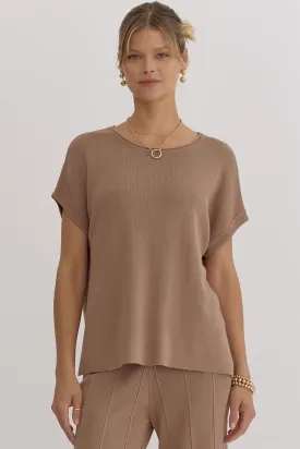 Solid Ribbed Round Neck Short Sleeve Top