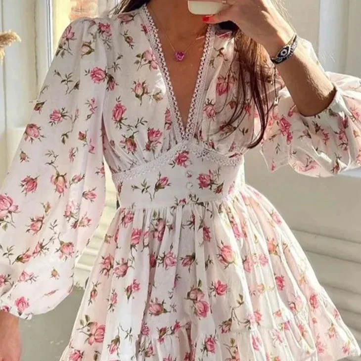 Spring Floral Long Sleeve Mini Dress