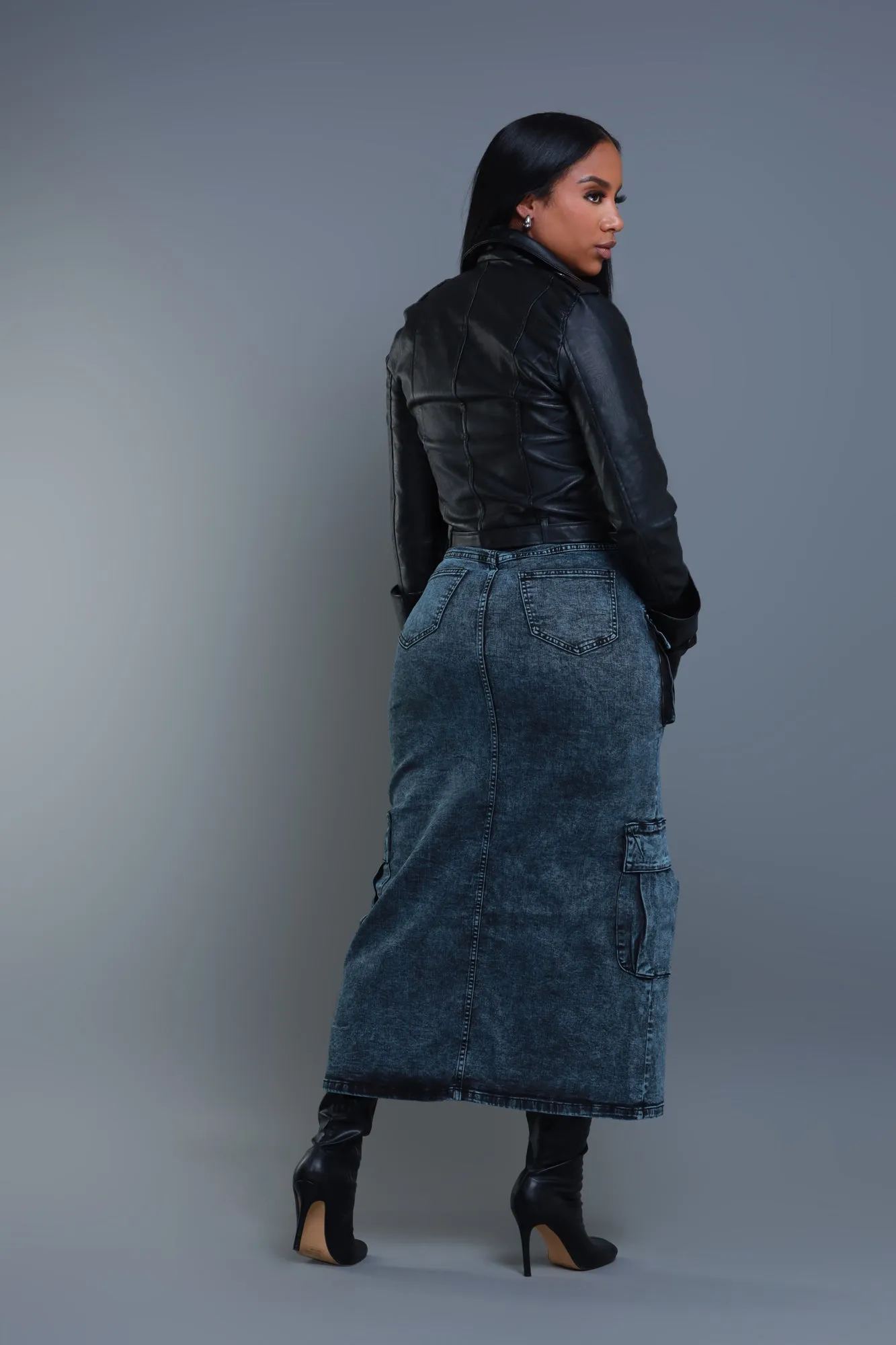 Stay Long Cargo Denim Midi Skirt - Blue Wash