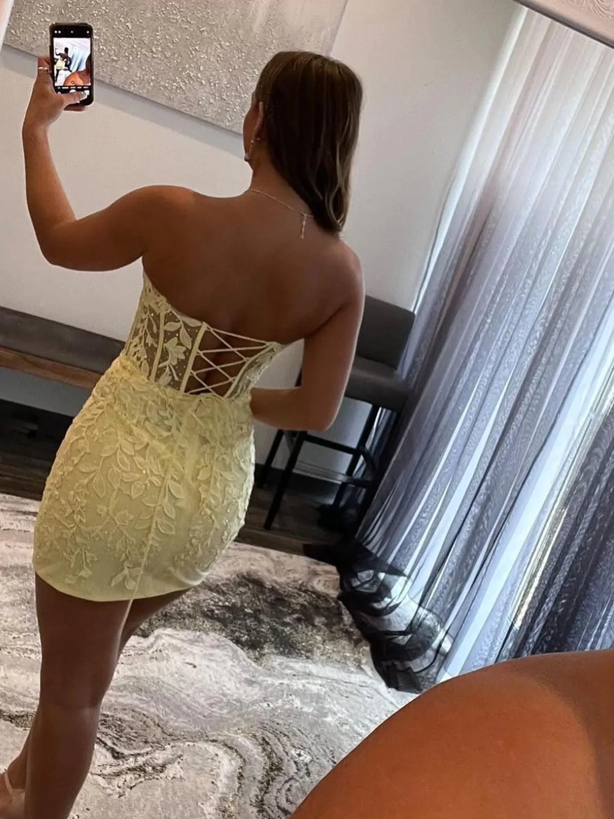 Strapless Beaded Short Yellow Lace Prom Dresses, Yellow Lace Homecoming Dresses, Mermaid Yellow Formal Evening Dresses