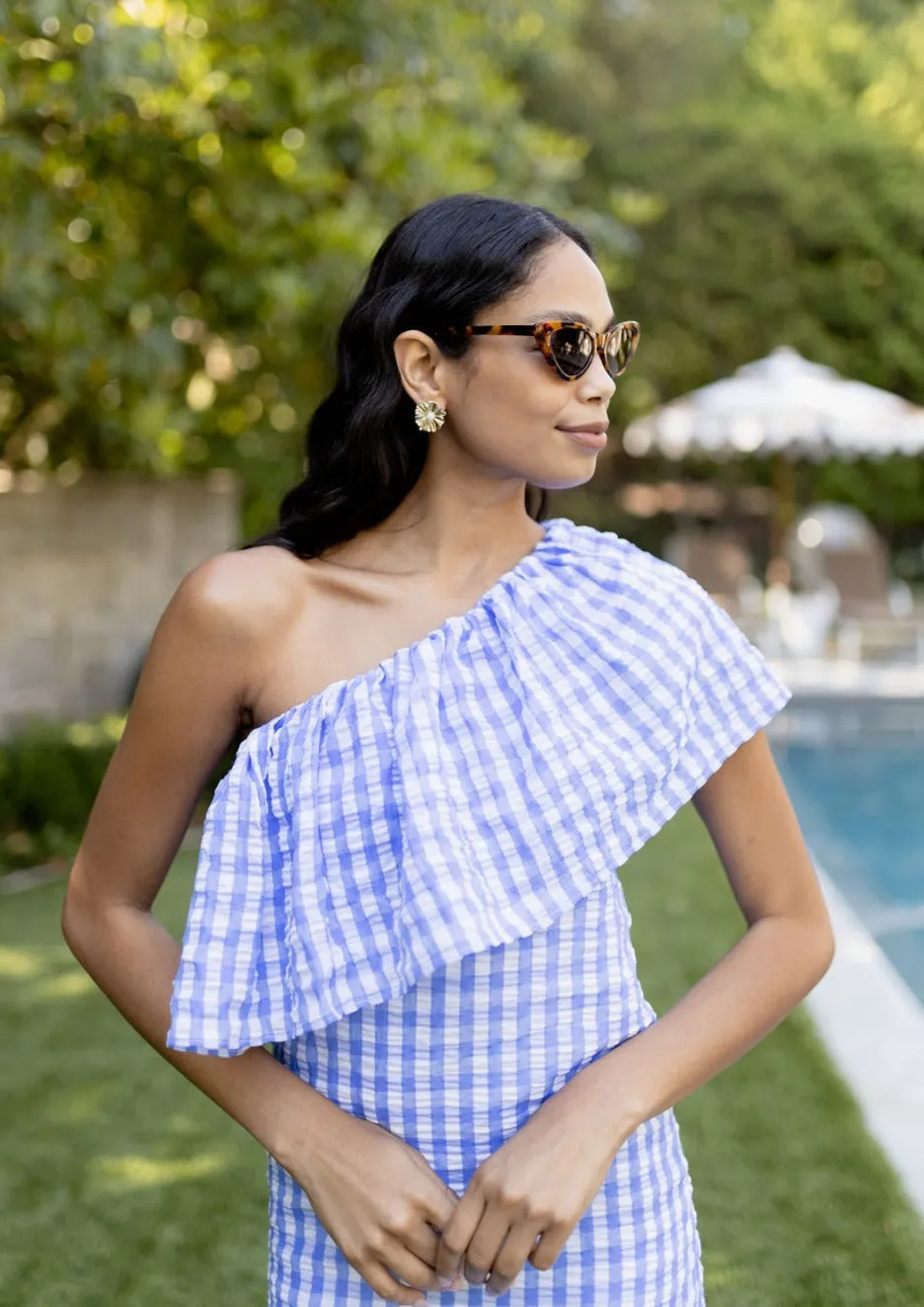 Sutton One-Shoulder Dress Gingham Cornflower Blue