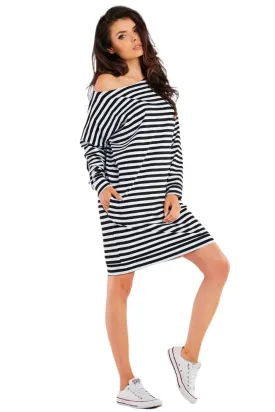 TEEK - Black White Striped One-Shoulder Daydress