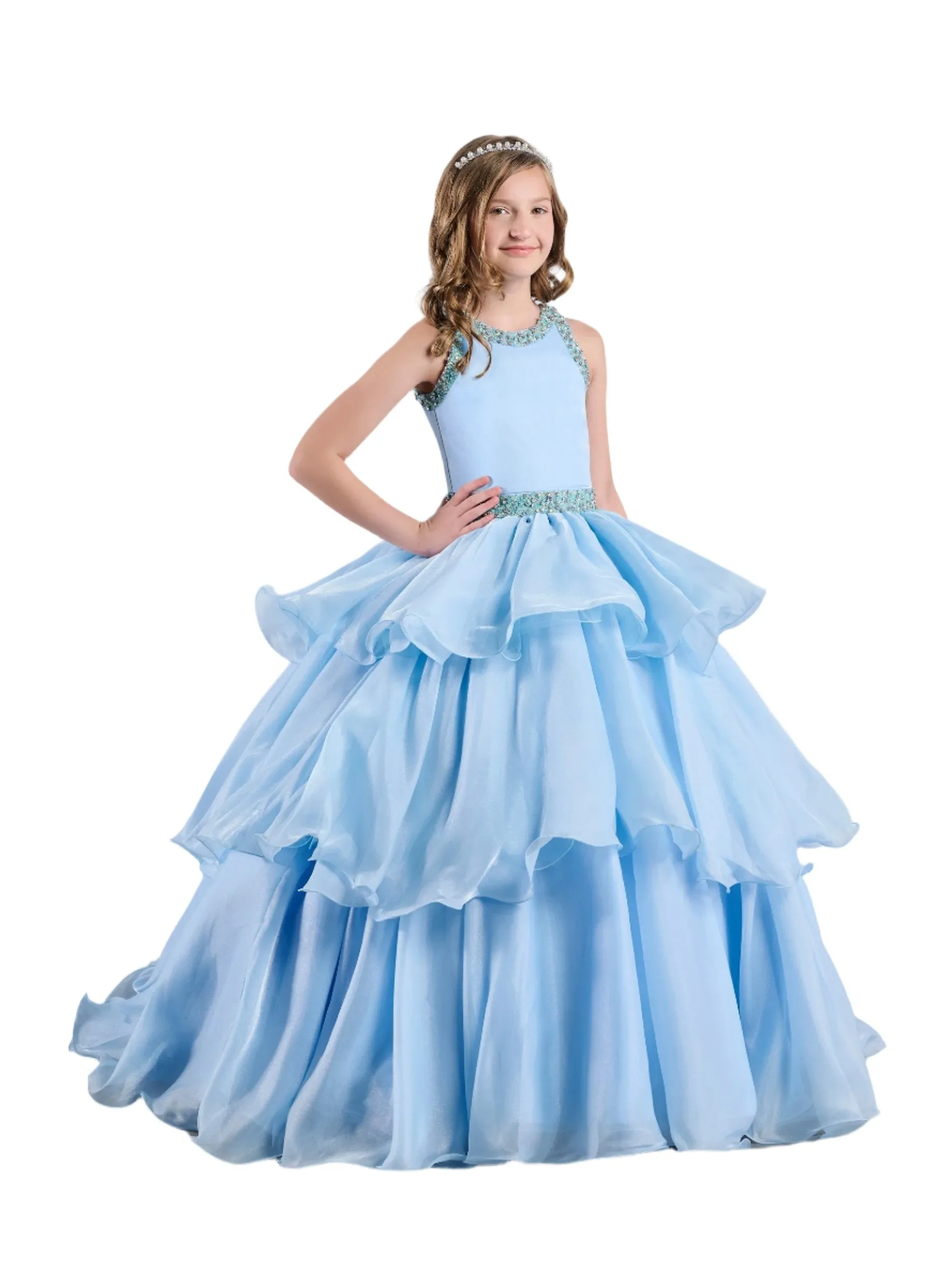 Tiffany Princess 13787 Size 4 Sky Ruffle Layer Girls Pageant Dress Backless High Neck Crystal Neckline