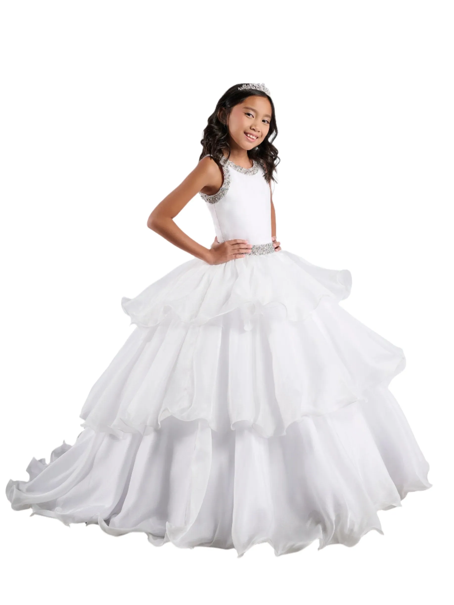 Tiffany Princess 13787 Size 4 Sky Ruffle Layer Girls Pageant Dress Backless High Neck Crystal Neckline