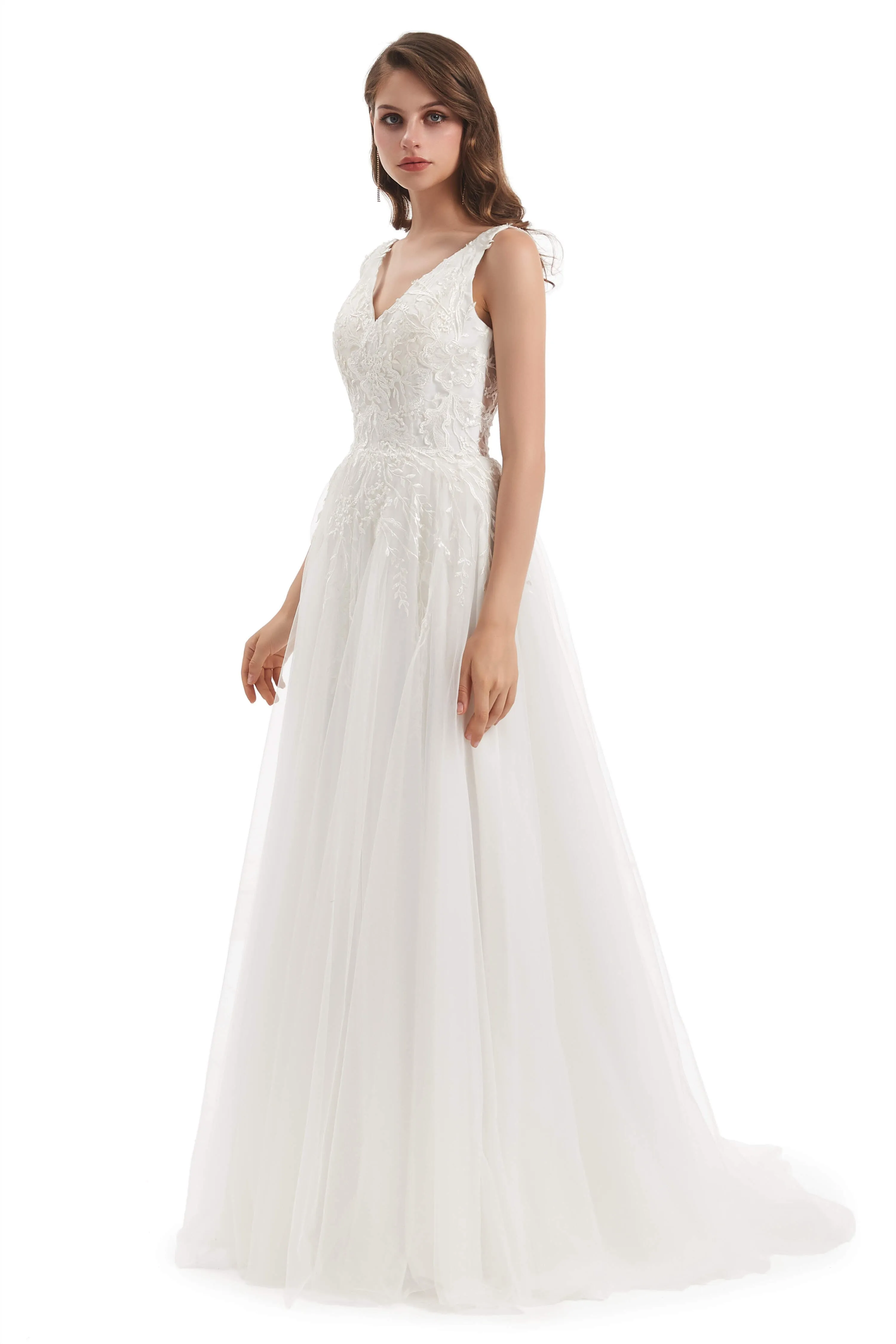 Tulle Lace V-neck Backless Wedding Dresses