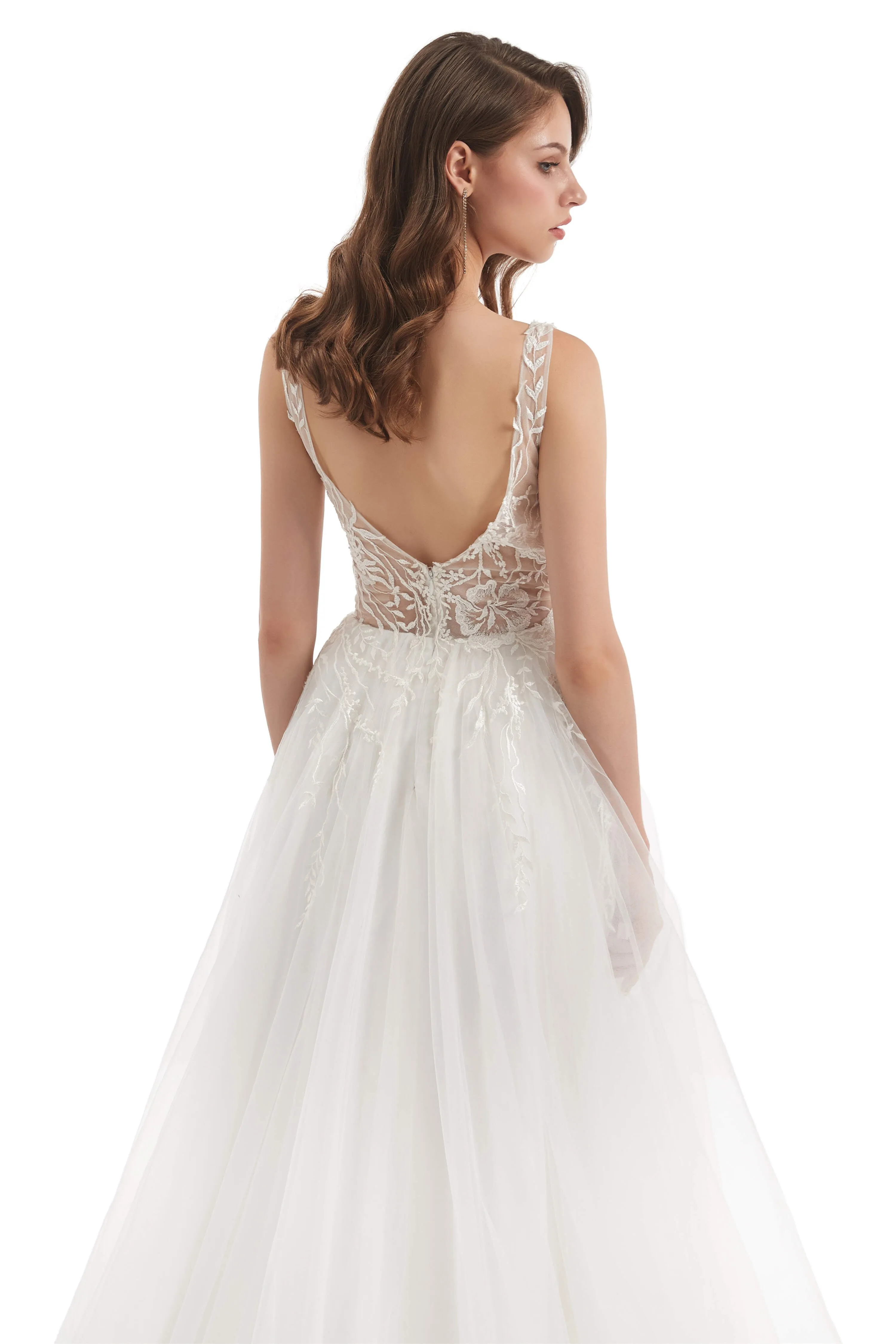 Tulle Lace V-neck Backless Wedding Dresses