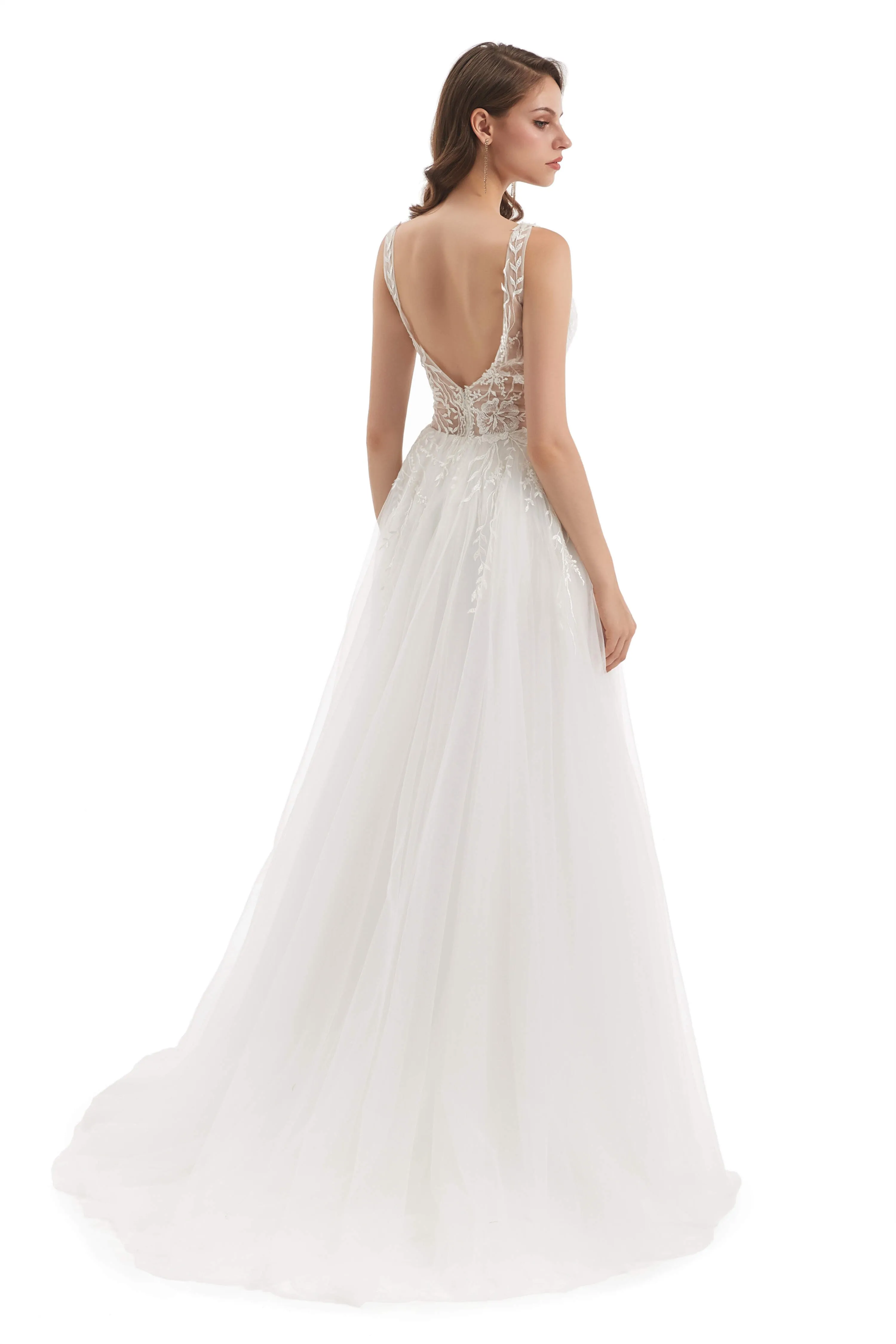 Tulle Lace V-neck Backless Wedding Dresses