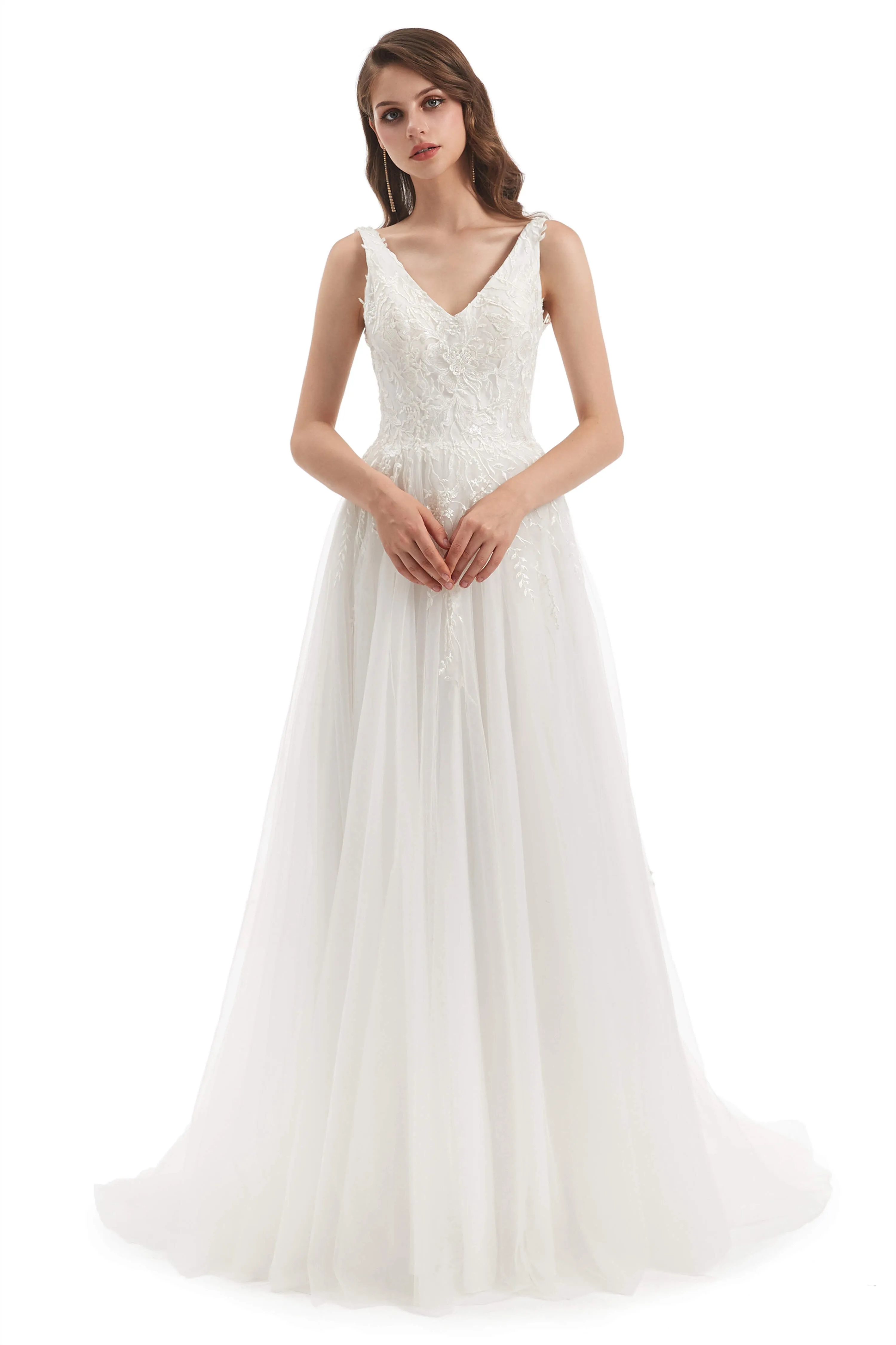 Tulle Lace V-neck Backless Wedding Dresses