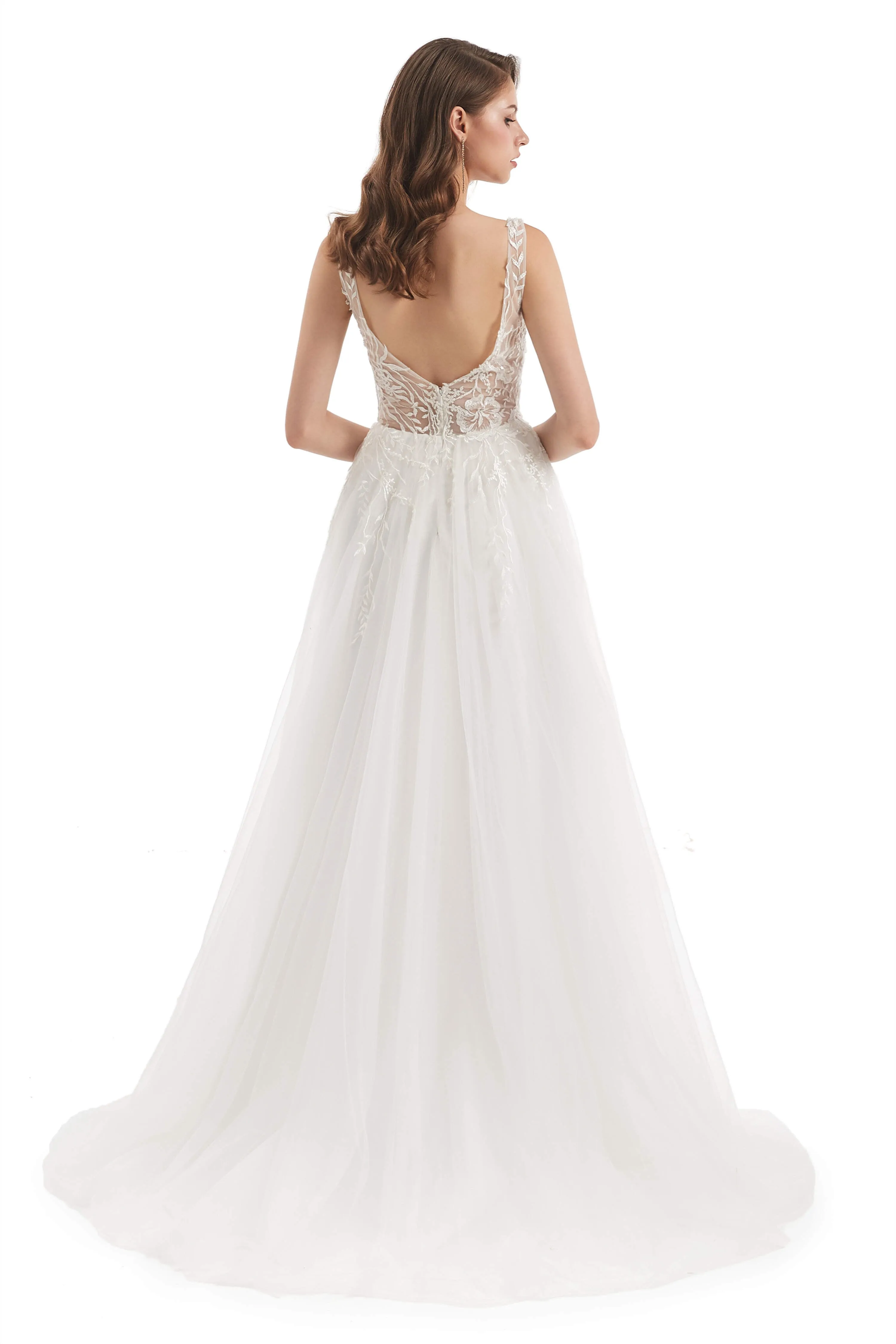 Tulle Lace V-neck Backless Wedding Dresses