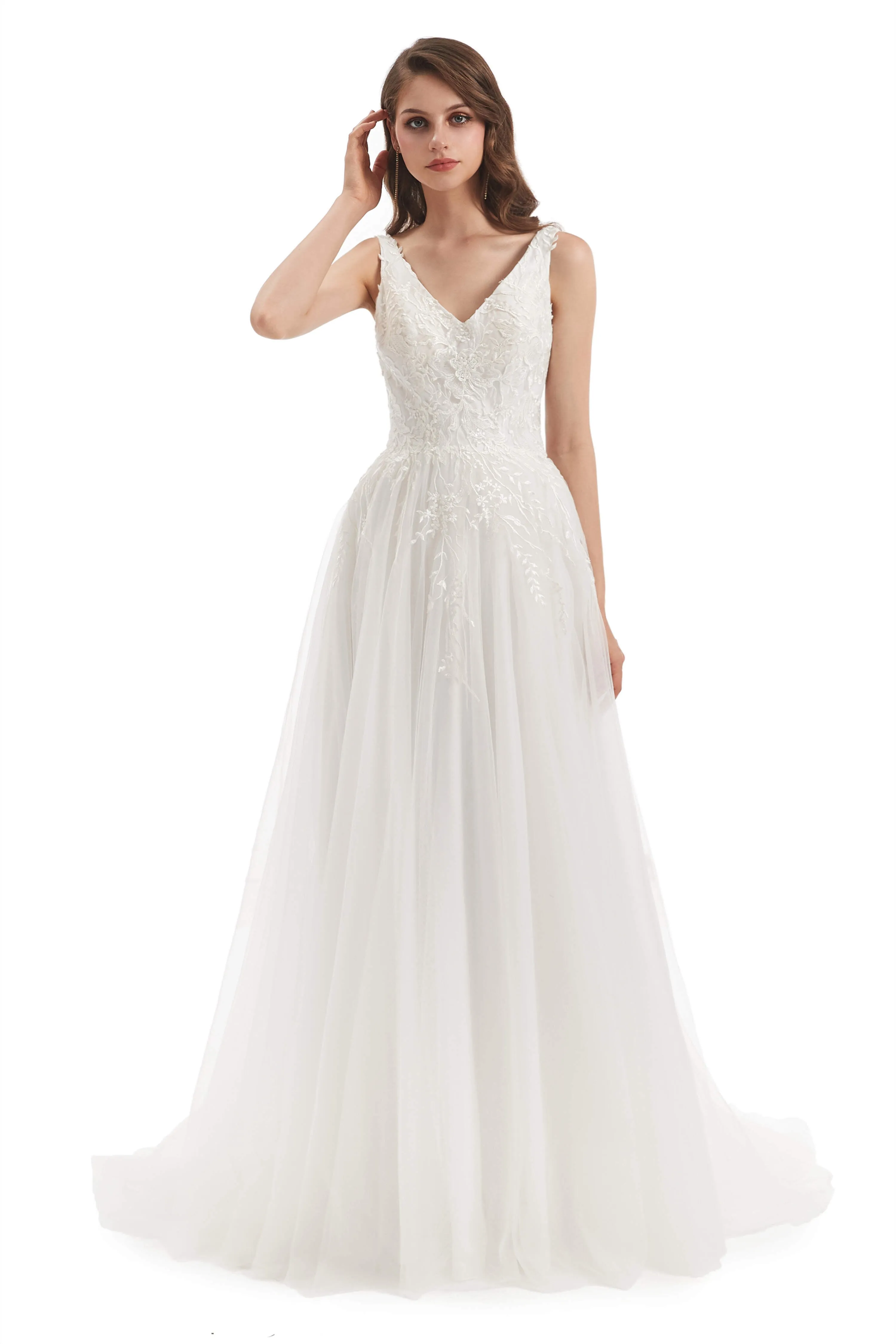 Tulle Lace V-neck Backless Wedding Dresses