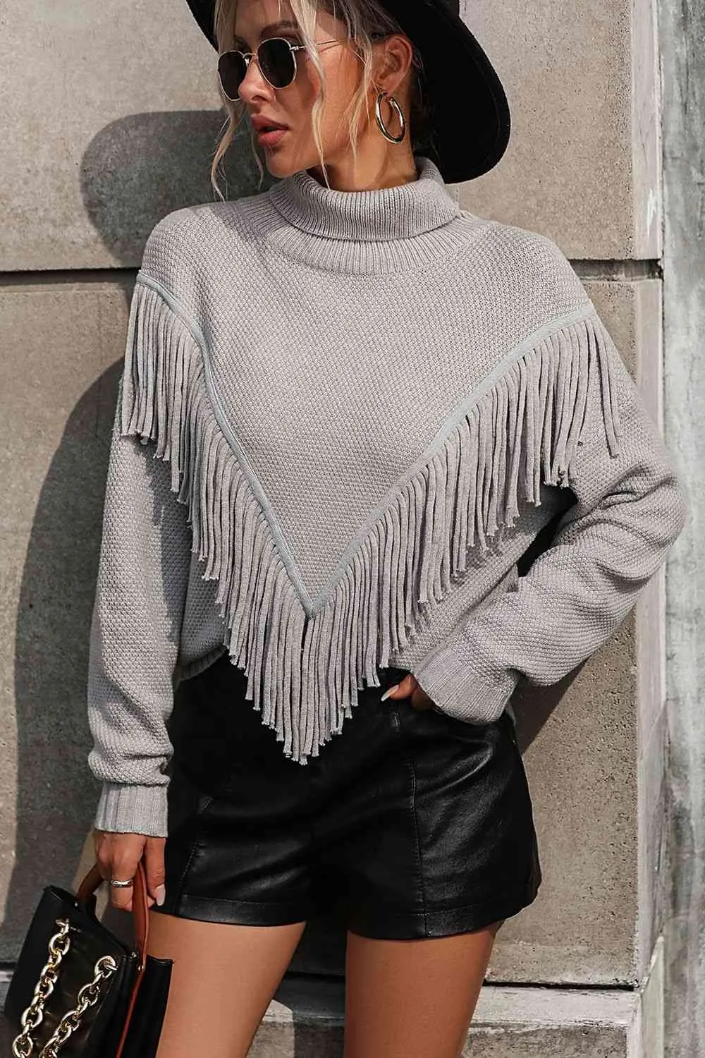 Turtle Neck Tassel Front Long Sleeve Pullover Sweater