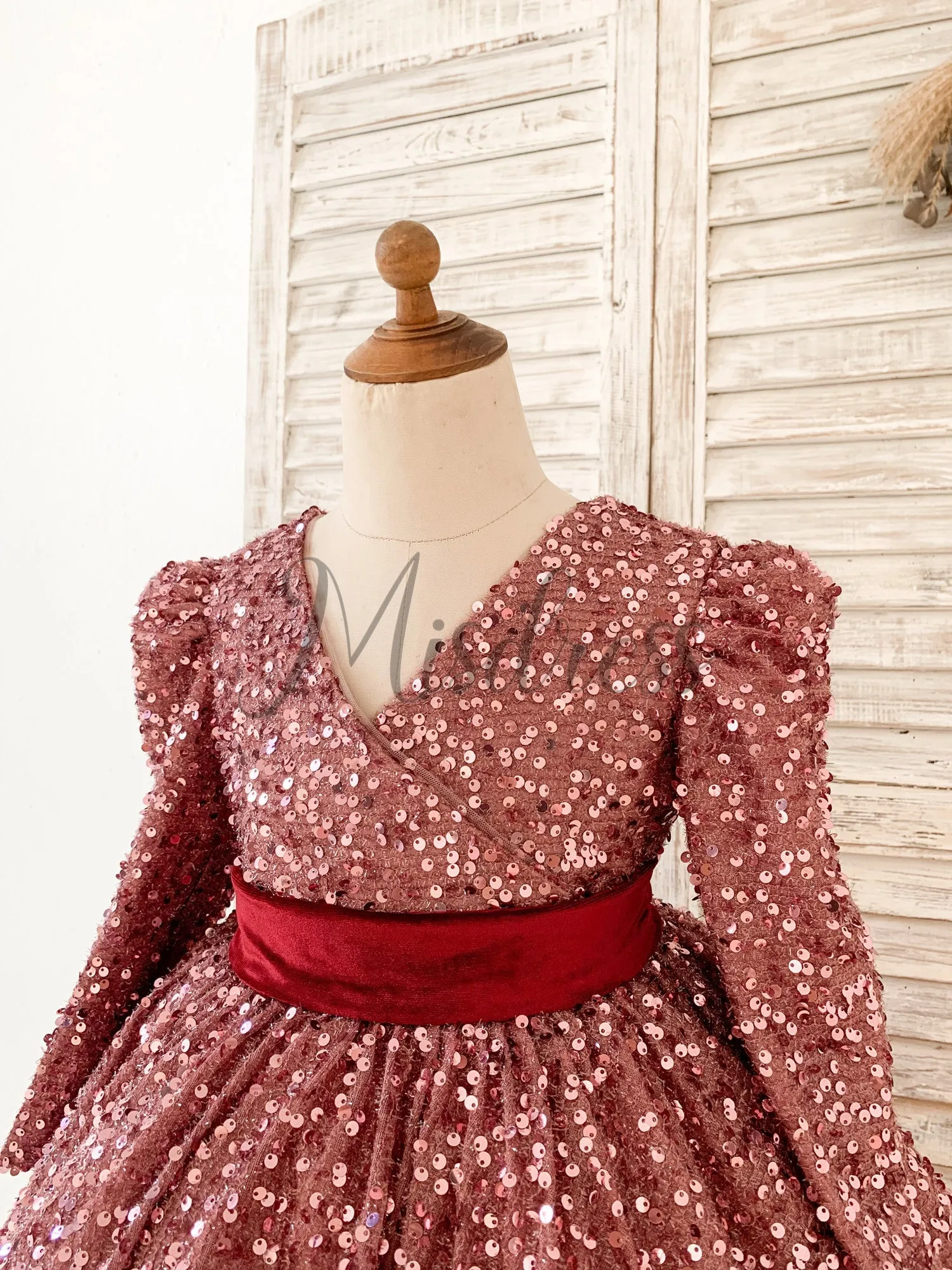 V Back Long Sleeves Burgundy Sequin Wedding Flower Girl Dress Birthday Party Dress