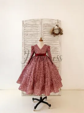 V Back Long Sleeves Burgundy Sequin Wedding Flower Girl Dress Birthday Party Dress