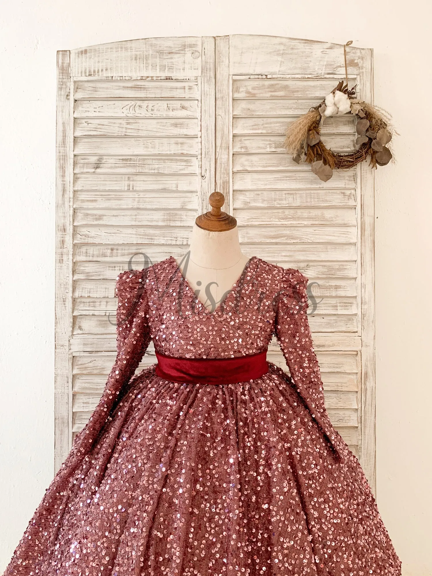 V Back Long Sleeves Burgundy Sequin Wedding Flower Girl Dress Birthday Party Dress