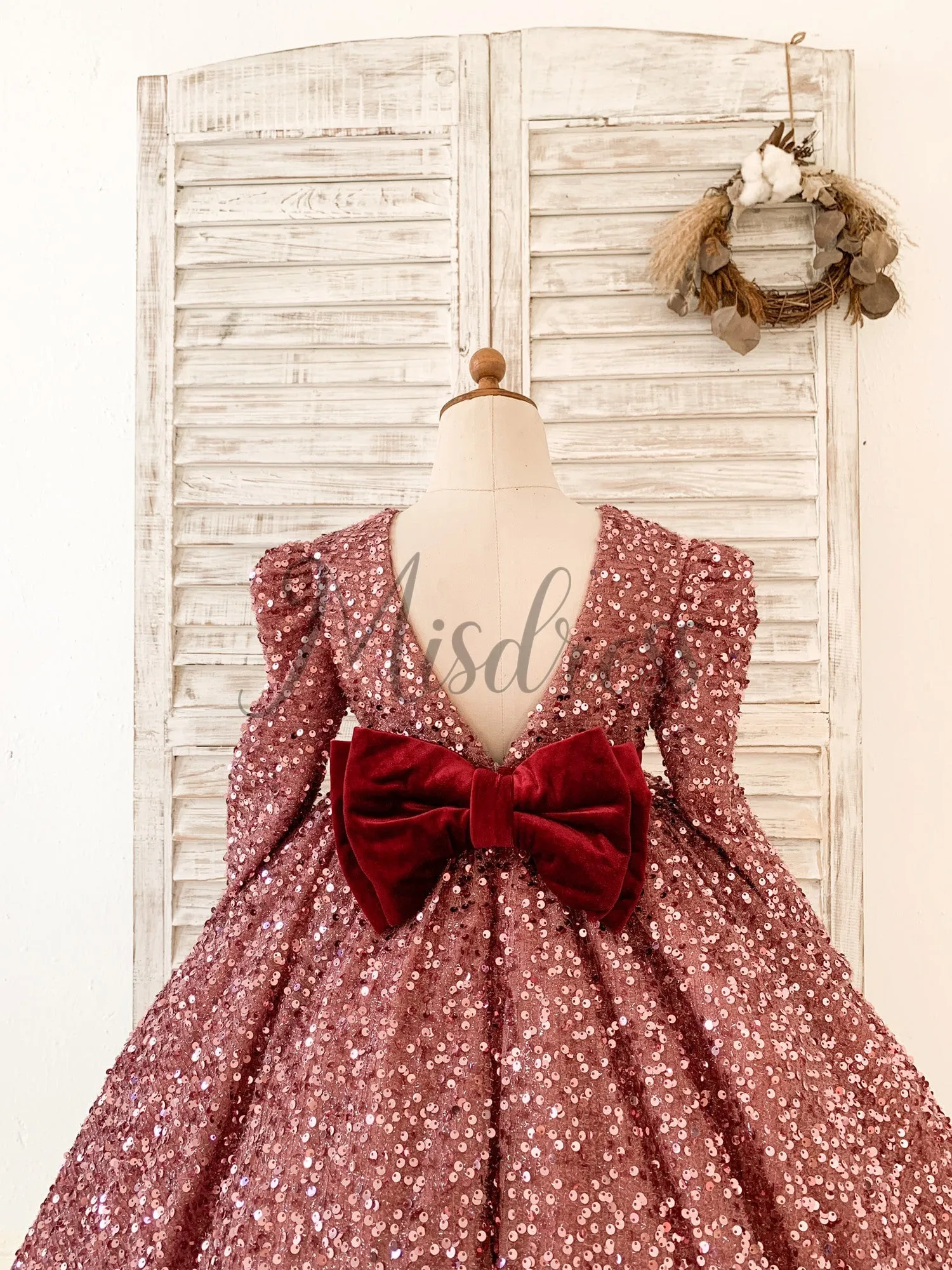 V Back Long Sleeves Burgundy Sequin Wedding Flower Girl Dress Birthday Party Dress