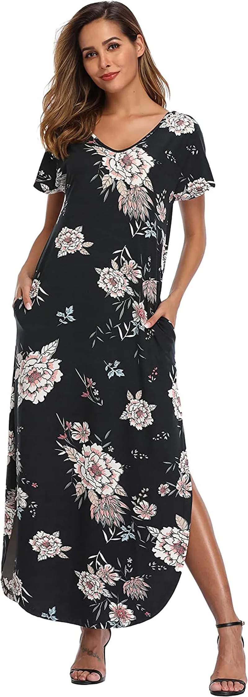 VEW Store Women's Maxi Dress Floral Printed Long Casual Beach Party Dress with Pocket