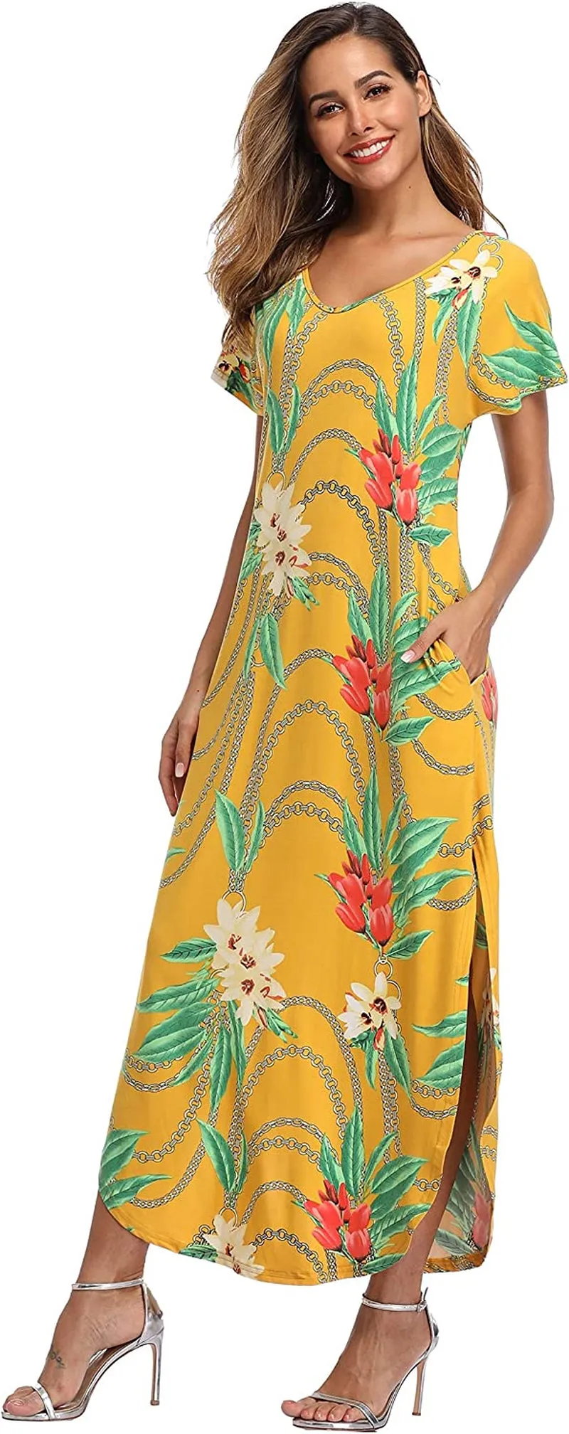 VEW Store Women's Maxi Dress Floral Printed Long Casual Beach Party Dress with Pocket