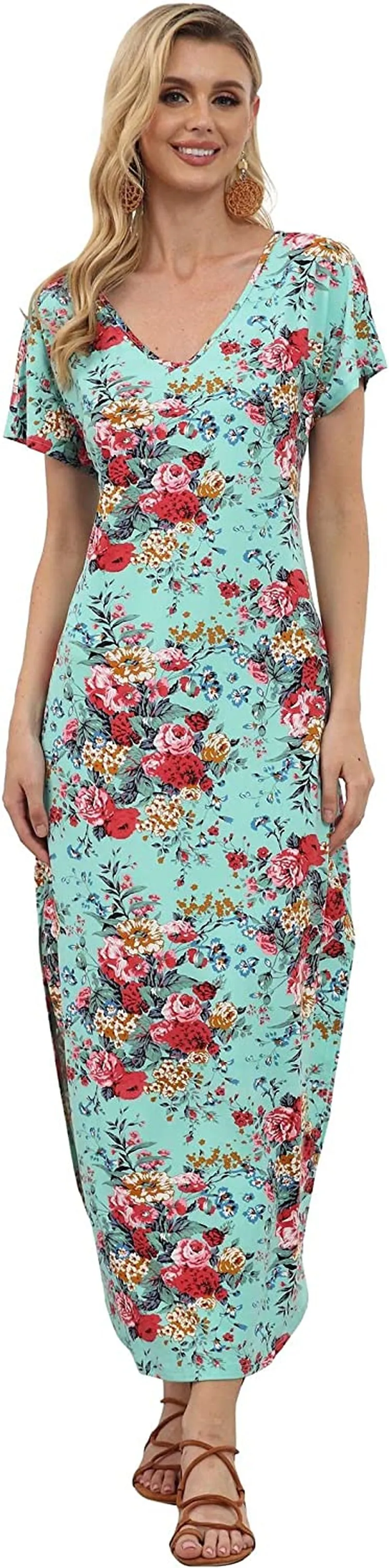 VEW Store Women's Maxi Dress Floral Printed Long Casual Beach Party Dress with Pocket