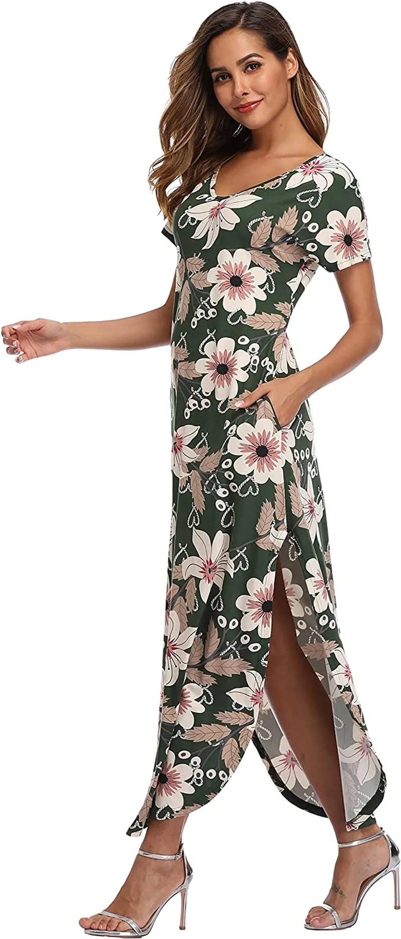 VEW Store Women's Maxi Dress Floral Printed Long Casual Beach Party Dress with Pocket