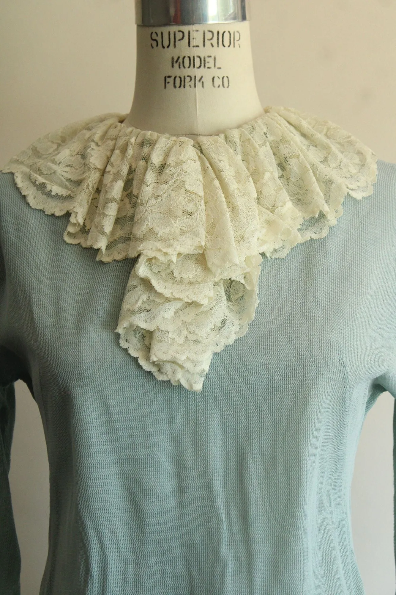 Vintage 1960s Pale Blue Mini Dress with Ivory Lace Jabot Collar and Cuffs