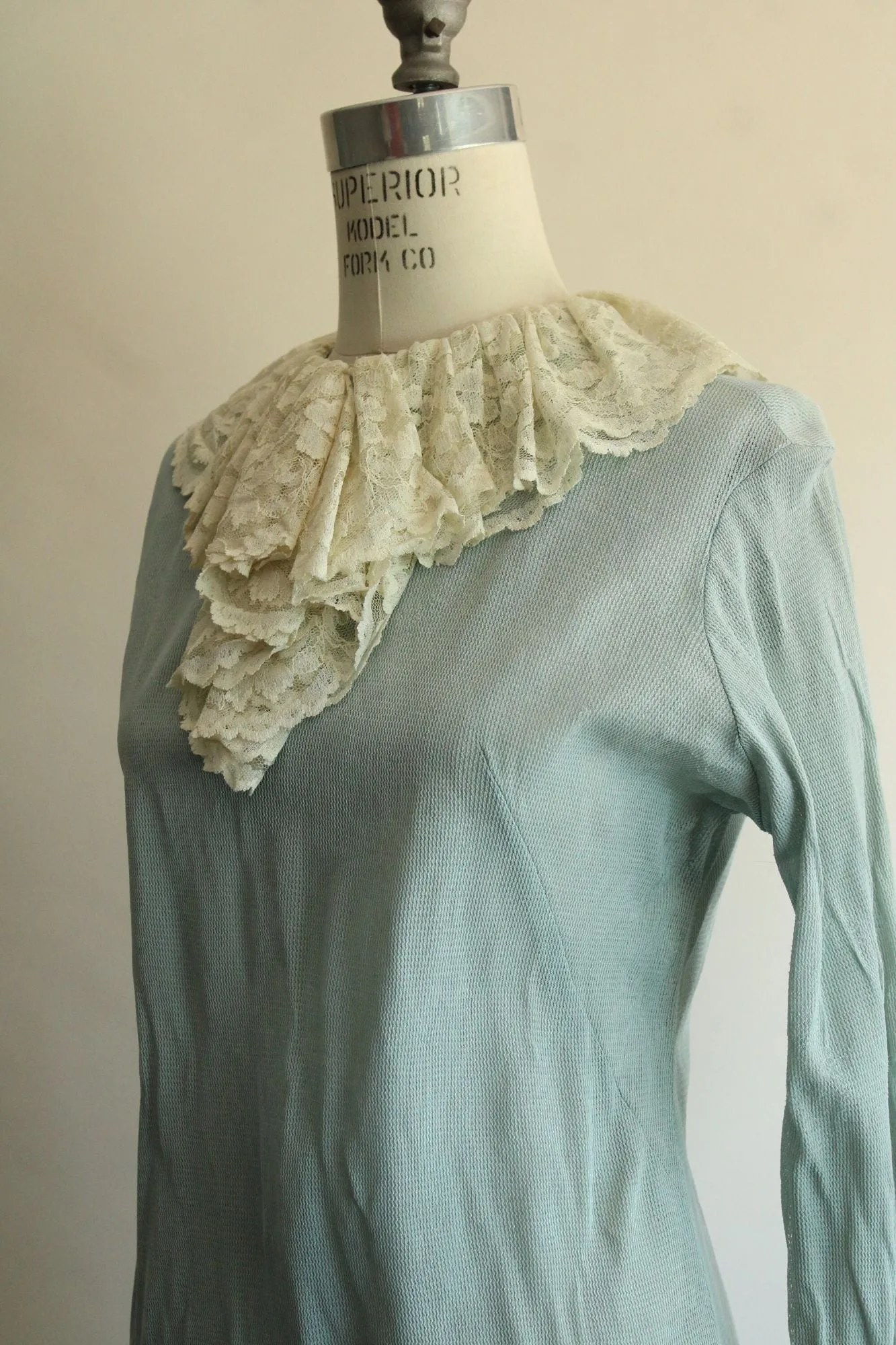 Vintage 1960s Pale Blue Mini Dress with Ivory Lace Jabot Collar and Cuffs