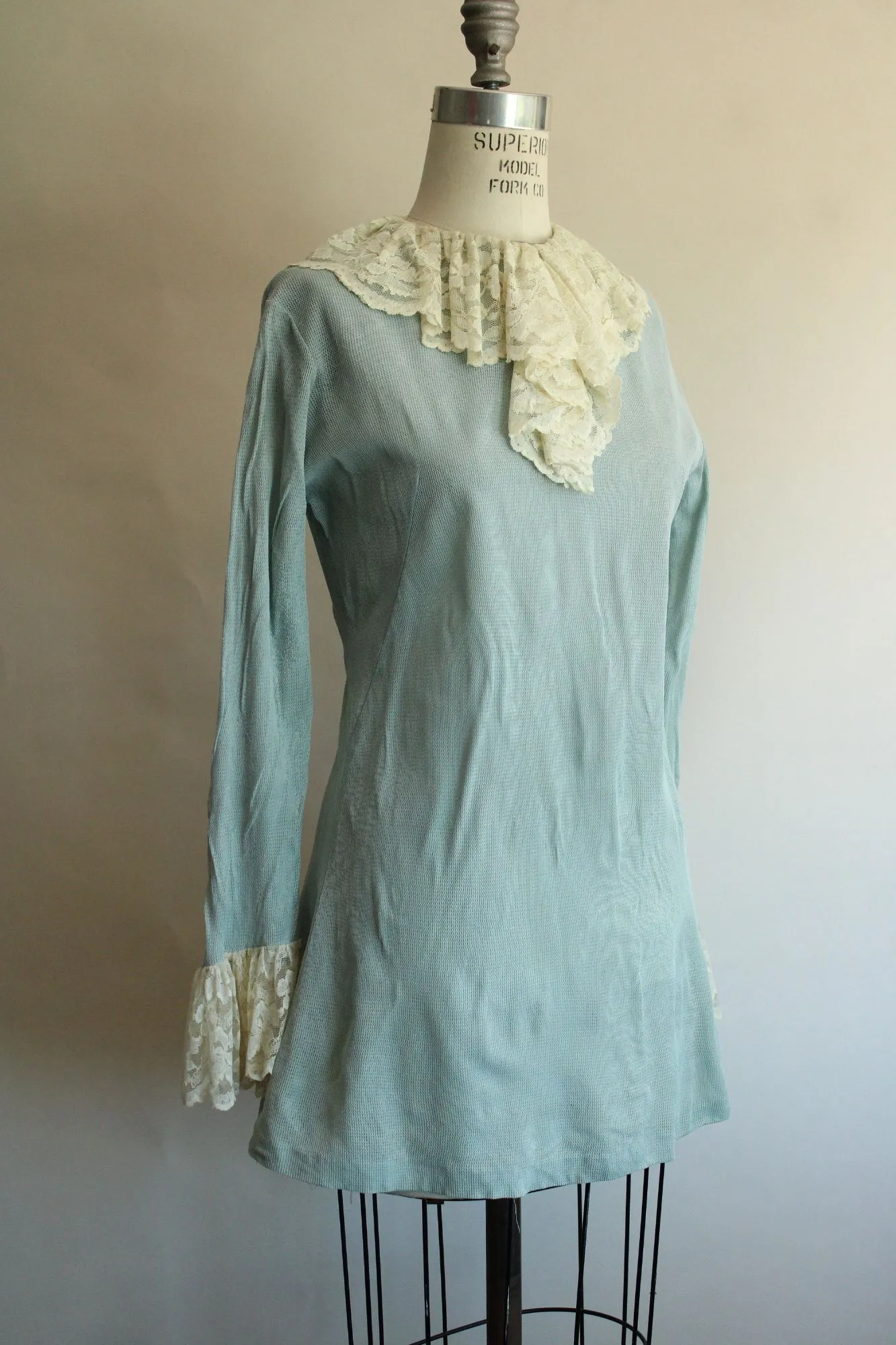 Vintage 1960s Pale Blue Mini Dress with Ivory Lace Jabot Collar and Cuffs